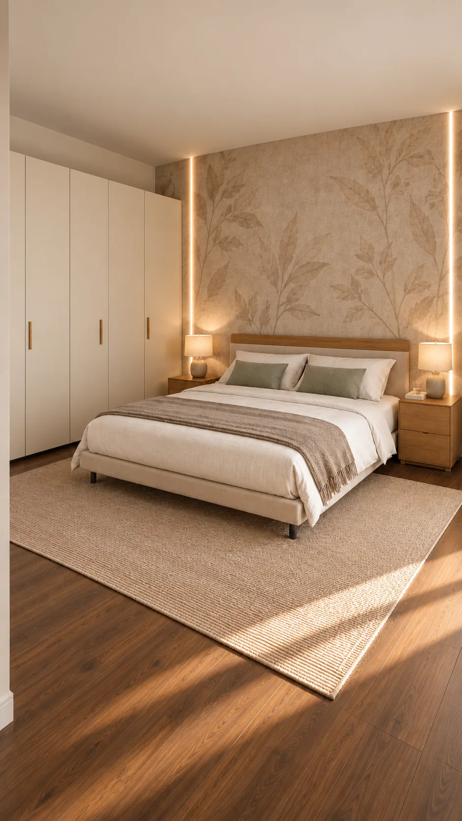 Camera con letto matrimoniale e carta da parati a foglie
