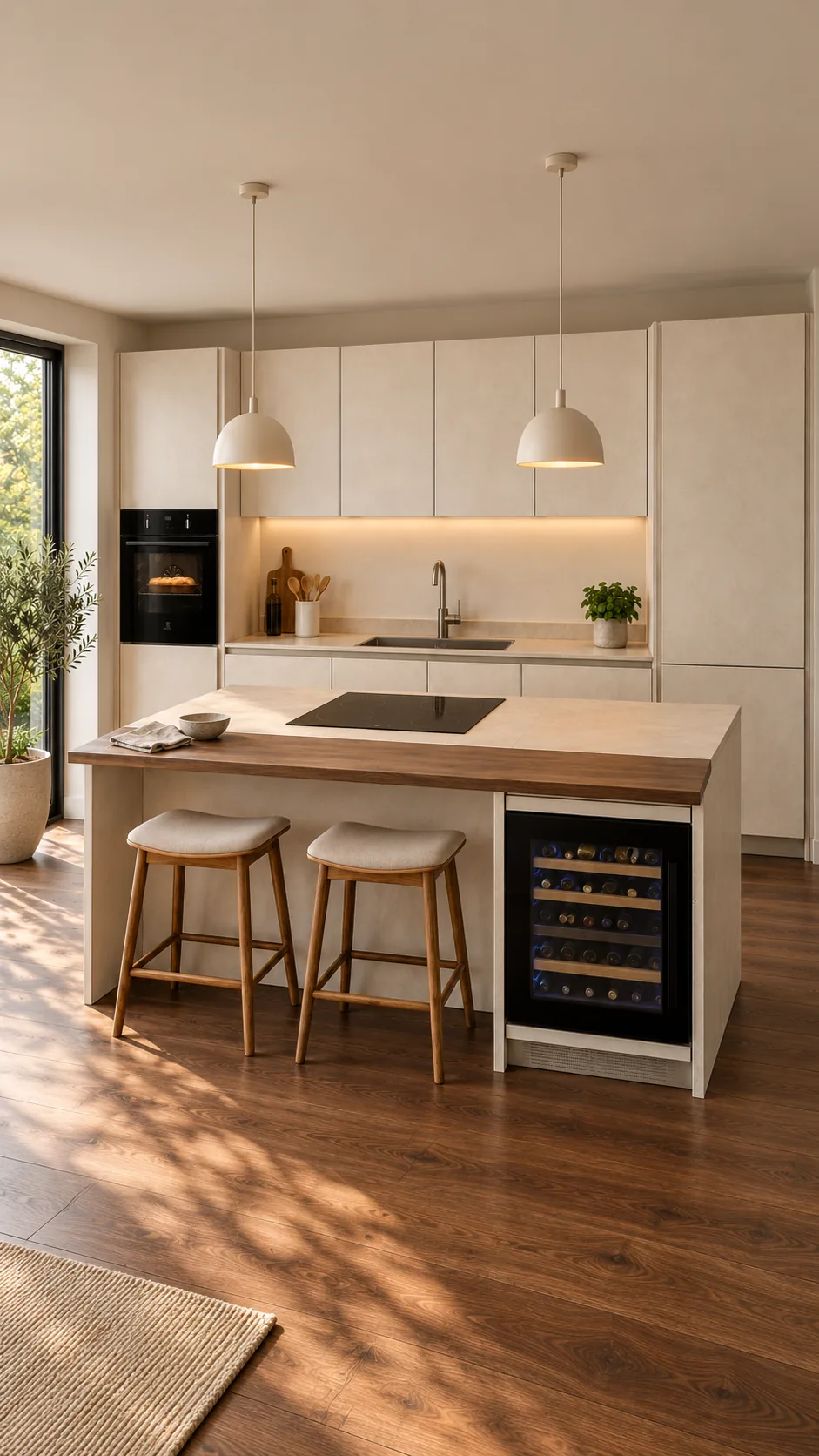 Cucina con isola, sgabelli e cantinetta vini